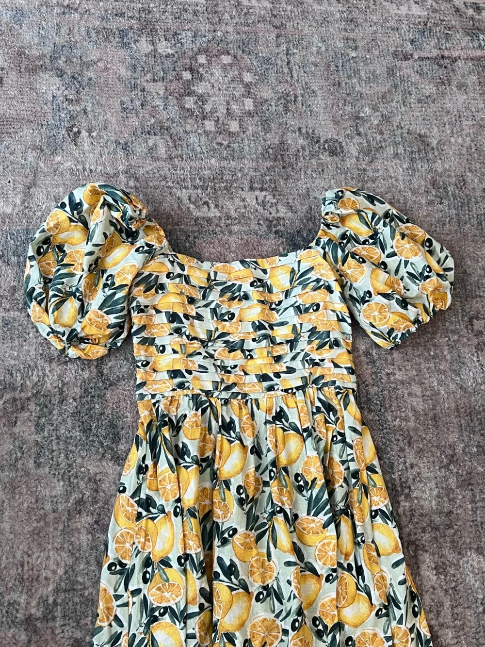 Abercrombie & Fitch Yellow Lemon and Green Leaf Print Linen Mid-Length Dress - Picture 2 of 3